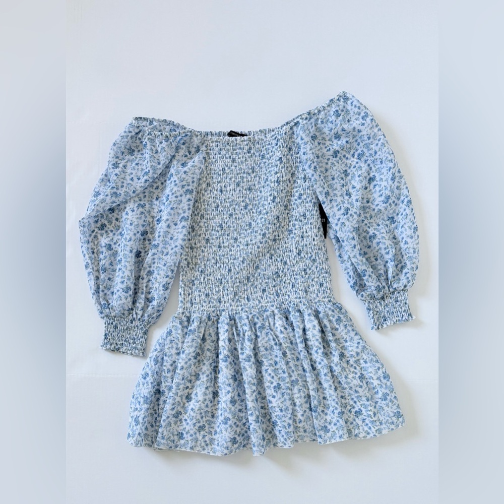 Floral Blue Off-Shoulder Drop Waist Dress